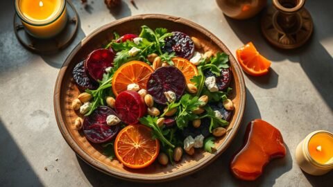 a vibrant, artfully plated roasted beet salad on a rustic ceramic dish. the salad features jewel-toned roasted red and golden beets, fresh arugula, citrus slices (like orange or blood orange), crumbled goat cheese or vegan feta, sprinkled pistachios, and a drizzle of balsamic glaze. the background includes mystical elements like a glowing candle, subtle chakra symbols (especially the root and sacral chakras), and warm golden lighting. a crystal or carnelian stone lies nearby. style: moody, natural light, wellness magazine aesthetic, top-down angle. a vibrant, artfully plated roasted beet salad on a rustic ceramic dish. the salad features jewel-toned roasted red and golden beets, fresh arugula, citrus slices (like orange or blood orange), crumbled goat cheese or vegan feta, sprinkled pistachios, and a drizzle of balsamic glaze. the background includes mystical elements like a glowing candle, subtle chakra symbols (especially the root and sacral chakras), and warm golden lighting. a crystal or carnelian stone lies nearby. style: moody, natural light, wellness magazine aesthetic, top-down angle.