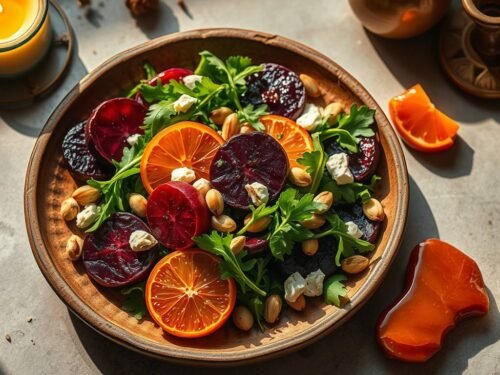 A vibrant, artfully plated roasted beet salad on a rustic ceramic dish. The salad features jewel-toned roasted red and golden beets, fresh arugula, citrus slices (like orange or blood orange), crumbled goat cheese or vegan feta, sprinkled pistachios, and a drizzle of balsamic glaze. The background includes mystical elements like a glowing candle, subtle chakra symbols (especially the Root and Sacral chakras), and warm golden lighting. A crystal or carnelian stone lies nearby. Style: moody, natural light, wellness magazine aesthetic, top-down angle.