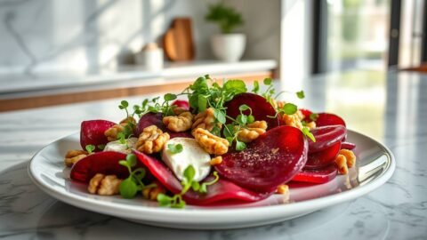 roasted beet carpaccio with goat cheese, walnuts & microgreens roasted beet carpaccio with goat cheese, walnuts & microgreens