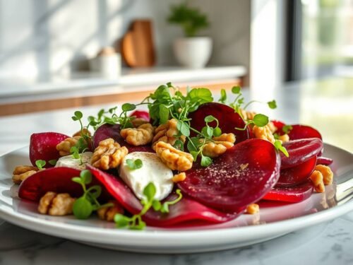 roasted beet carpaccio with goat cheese, walnuts & microgreens roasted beet carpaccio with goat cheese, walnuts & microgreens