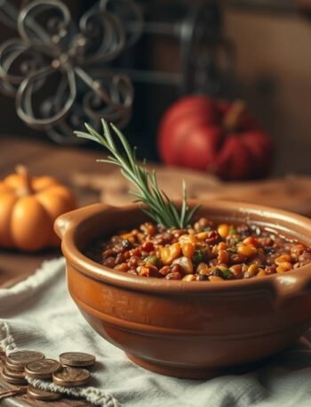 a rustic wooden table with a steaming clay bowl of lentil stew, garnished with fresh rosemary and a drizzle of olive oil, surrounded by candles and a small stack of coins, warm earthy lighting. a rustic wooden table with a steaming clay bowl of lentil stew, garnished with fresh rosemary and a drizzle of olive oil, surrounded by candles and a small stack of coins, warm earthy lighting.