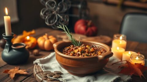 a rustic wooden table with a steaming clay bowl of lentil stew, garnished with fresh rosemary and a drizzle of olive oil, surrounded by candles and a small stack of coins, warm earthy lighting. a rustic wooden table with a steaming clay bowl of lentil stew, garnished with fresh rosemary and a drizzle of olive oil, surrounded by candles and a small stack of coins, warm earthy lighting. a rustic wooden table with a steaming clay bowl of lentil stew, garnished with fresh rosemary and a drizzle of olive oil, surrounded by candles and a small stack of coins, warm earthy lighting.