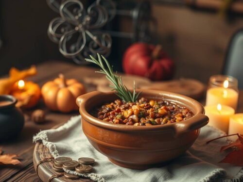A rustic wooden table with a steaming clay bowl of lentil stew, garnished with fresh rosemary and a drizzle of olive oil, surrounded by candles and a small stack of coins, warm earthy lighting.