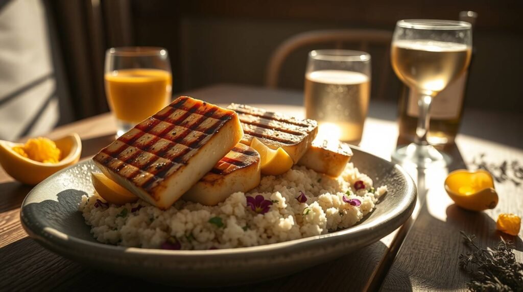 "Grilled halloumi with lemon and herb couscous served with golden turmeric latte and dry Riesling — a radiant Solar Plexus Chakra dish."