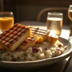 "grilled halloumi with lemon and herb couscous served with golden turmeric latte and dry riesling — a radiant solar plexus chakra dish." "grilled halloumi with lemon and herb couscous served with golden turmeric latte and dry riesling — a radiant solar plexus chakra dish."