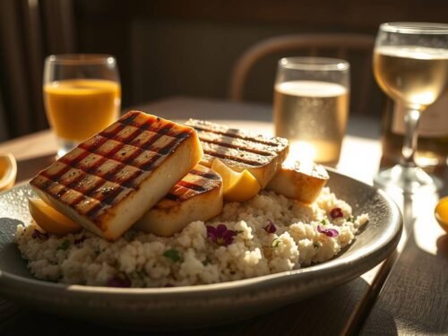 "grilled halloumi with lemon and herb couscous served with golden turmeric latte and dry riesling — a radiant solar plexus chakra dish." "grilled halloumi with lemon and herb couscous served with golden turmeric latte and dry riesling — a radiant solar plexus chakra dish."