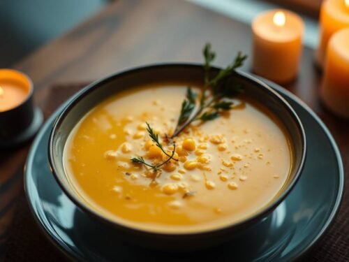 golden corn velouté with saffron, topped with crisp leeks, inspired by the solar plexus chakra golden corn velouté with saffron, topped with crisp leeks, inspired by the solar plexus chakra golden corn velouté with saffron, topped with crisp leeks, inspired by the solar plexus chakra