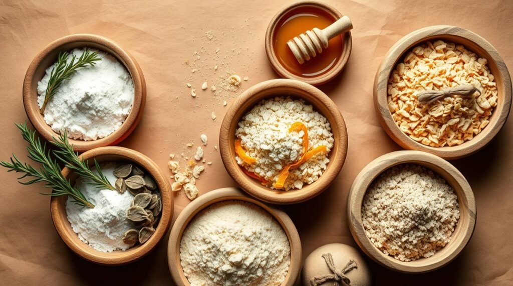 abundance-bread-ingredients-flatlay - Esoterris.com flatlay of flour, rosemary, bay leaves, honey, orange zest, and olive oil