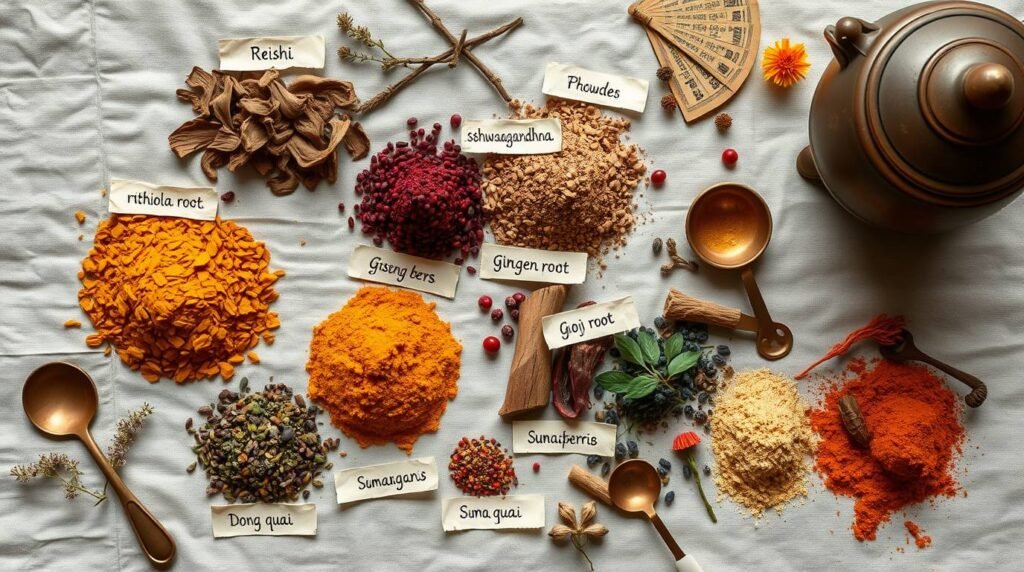 adaptogen-flatlay-with-tarot - Esoterris.com flatlay of traditional adaptogens with magical accessories and tarot cards