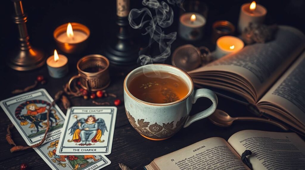adaptogenic herbal tea surrounded by tarot cards and mystical accessories adaptogenic herbal tea surrounded by tarot cards and mystical accessories