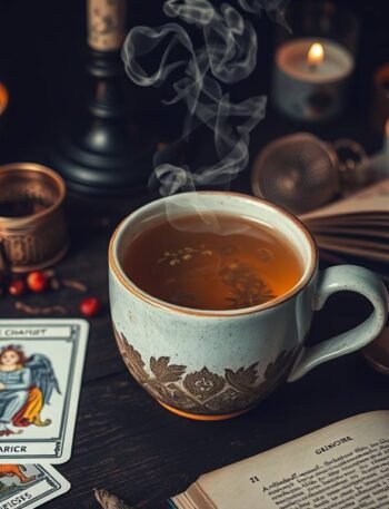 Adaptogenic herbal tea surrounded by tarot cards and mystical accessories