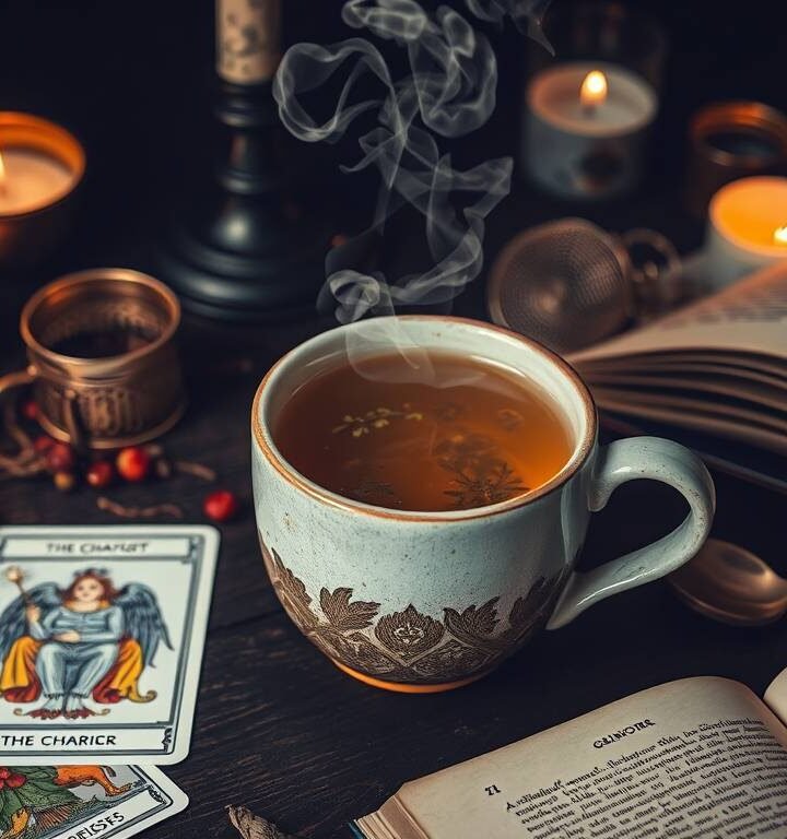 adaptogenic herbal tea surrounded by tarot cards and mystical accessories adaptogenic herbal tea surrounded by tarot cards and mystical accessories