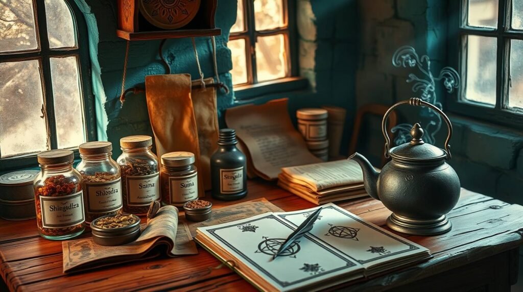 alchemy-herbal-tarot-brew-table - Esoterris.com alchemist’s herbal workstation with potions, tarot cards, and tea tools