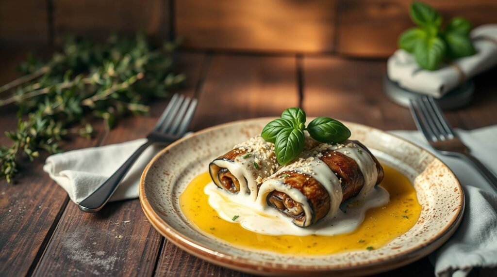 eggplant-rollatini-cashew-basil-cream-main - Esoterris.com "eggplant rollatini filled with cashew-basil cream on a rustic plate with fresh basil" "eggplant rollatini filled with cashew-basil cream on a rustic plate with fresh basil"