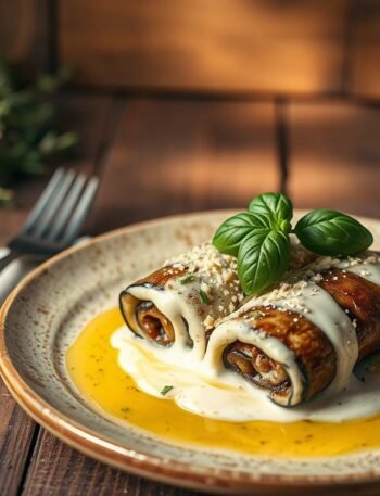 "eggplant rollatini filled with cashew-basil cream on a rustic plate with fresh basil" "eggplant rollatini filled with cashew-basil cream on a rustic plate with fresh basil"