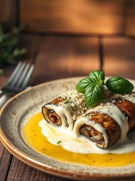 eggplant-rollatini-cashew-basil-cream-main - Esoterris.com "eggplant rollatini filled with cashew-basil cream on a rustic plate with fresh basil" "eggplant rollatini filled with cashew-basil cream on a rustic plate with fresh basil"