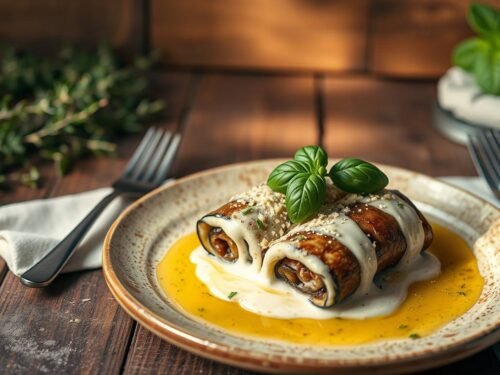 "eggplant rollatini filled with cashew-basil cream on a rustic plate with fresh basil" "eggplant rollatini filled with cashew-basil cream on a rustic plate with fresh basil"