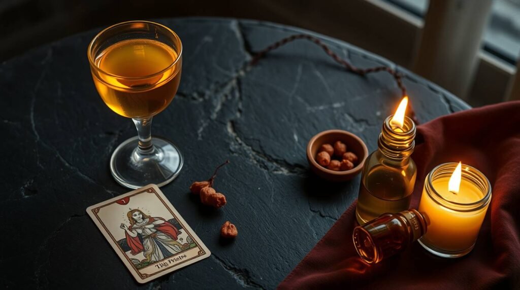 elixir-and-high-priestess-card - Esoterris.com a glowing herbal drink beside the high priestess tarot card and mystical herbs