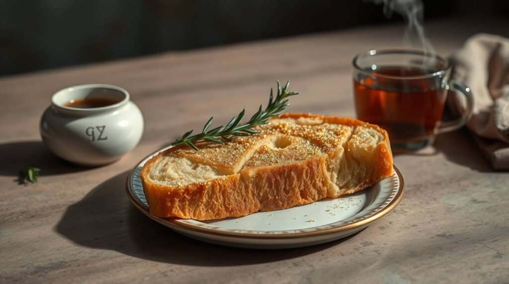fehu-bread-slice-herbs-gold - Esoterris.com a slice of golden fehu bread with gold dust and herb garnish
