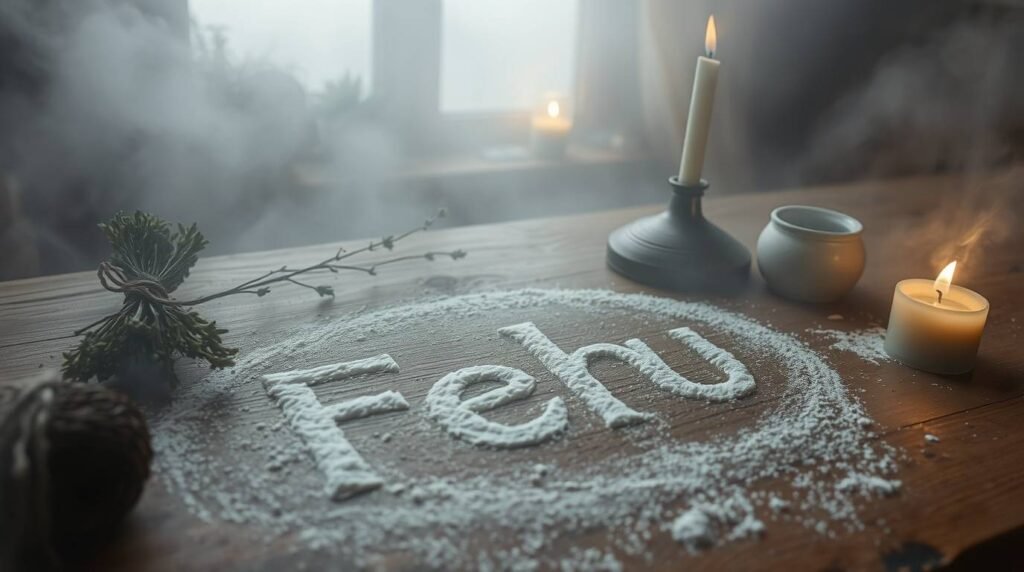 flour-fehu-rune-on-counter - Esoterris.com fehu rune drawn in flour on a wooden kitchen counter