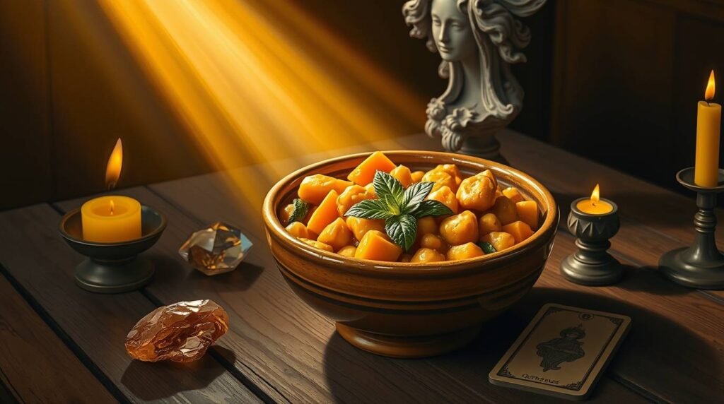 golden-fusion-stew-hero - Esoterris.com a steaming bowl of golden chickpea stew with sweet potatoes and citrus zest, bathed in chiaroscuro light. a steaming bowl of golden chickpea stew with sweet potatoes and citrus zest, bathed in chiaroscuro light.