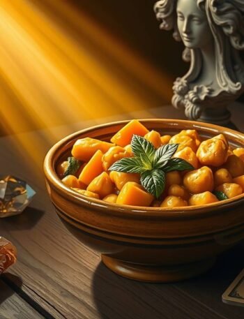 a steaming bowl of golden chickpea stew with sweet potatoes and citrus zest, bathed in chiaroscuro light. a steaming bowl of golden chickpea stew with sweet potatoes and citrus zest, bathed in chiaroscuro light.