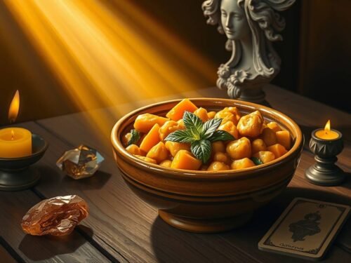 a steaming bowl of golden chickpea stew with sweet potatoes and citrus zest, bathed in chiaroscuro light. a steaming bowl of golden chickpea stew with sweet potatoes and citrus zest, bathed in chiaroscuro light. a steaming bowl of golden chickpea stew with sweet potatoes and citrus zest, bathed in chiaroscuro light.