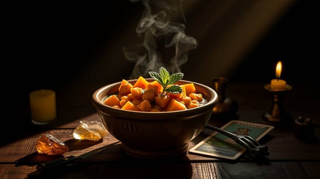 golden-fusion-stew-hero2 - Esoterris.com a steaming bowl of golden chickpea stew with sweet potatoes and citrus zest, bathed in chiaroscuro light.