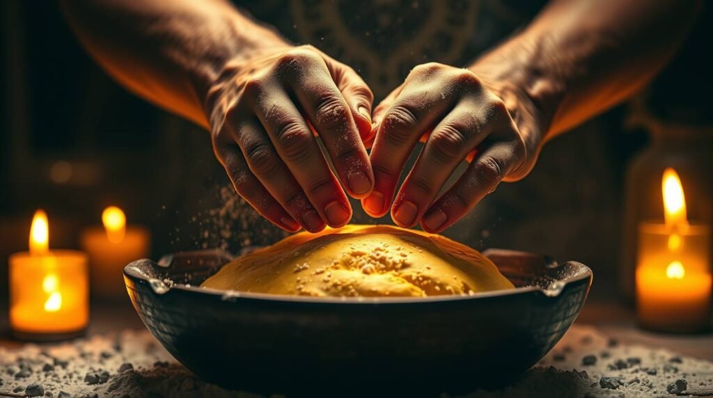 kneading-bread-magick - Esoterris.com hands kneading golden dough on a rune-marked surface