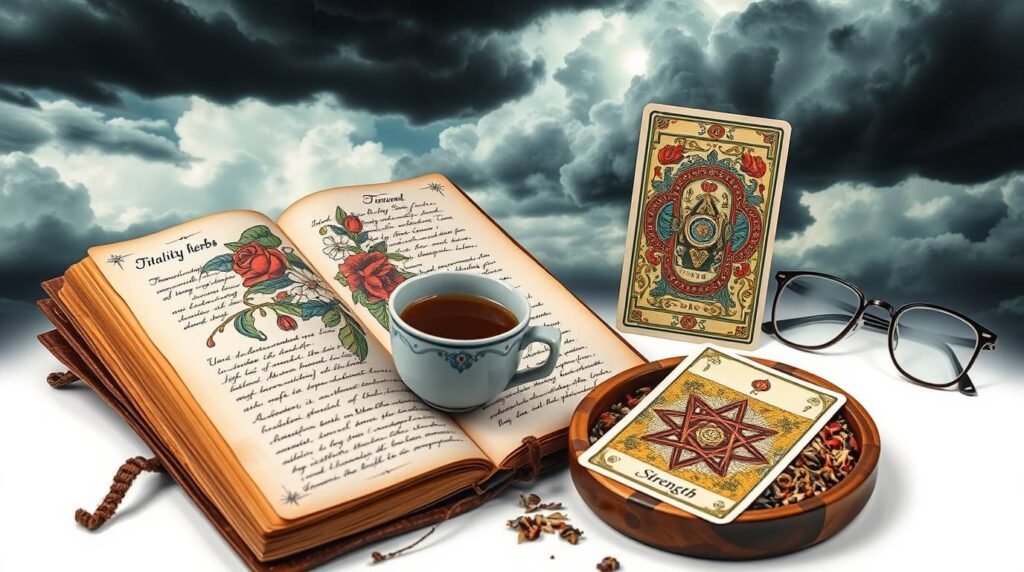 marco-journal-strength-tarot-elixir - Esoterris.com marco’s alchemist journal with tea, tarot, and handwritten herb lore