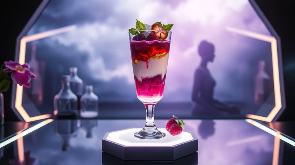 nea-mangosteen-blossom-parfait-feature - Esoterris.com a futuristic mangosteen parfait layered with rose jelly and coconut cream, topped with edible gold and flowers a futuristic mangosteen parfait layered with rose jelly and coconut cream, topped with edible gold and flowers
