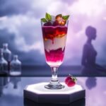 a futuristic mangosteen parfait layered with rose jelly and coconut cream, topped with edible gold and flowers a futuristic mangosteen parfait layered with rose jelly and coconut cream, topped with edible gold and flowers