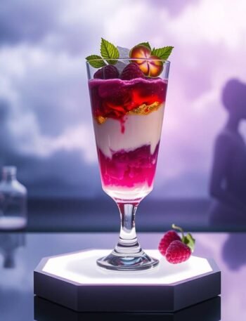 A futuristic mangosteen parfait layered with rose jelly and coconut cream, topped with edible gold and flowers