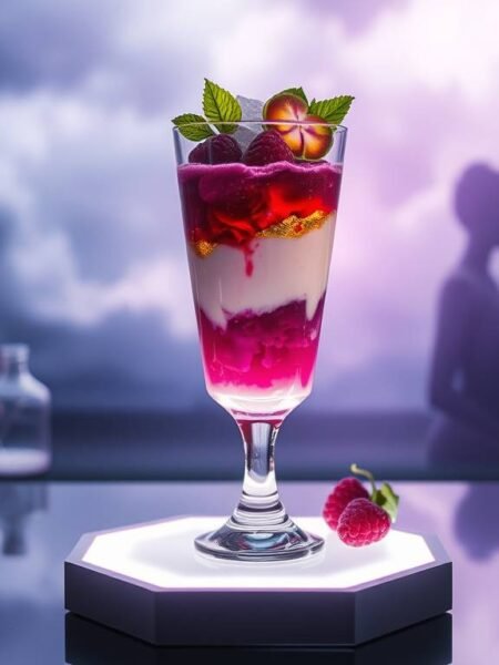 a futuristic mangosteen parfait layered with rose jelly and coconut cream, topped with edible gold and flowers a futuristic mangosteen parfait layered with rose jelly and coconut cream, topped with edible gold and flowers