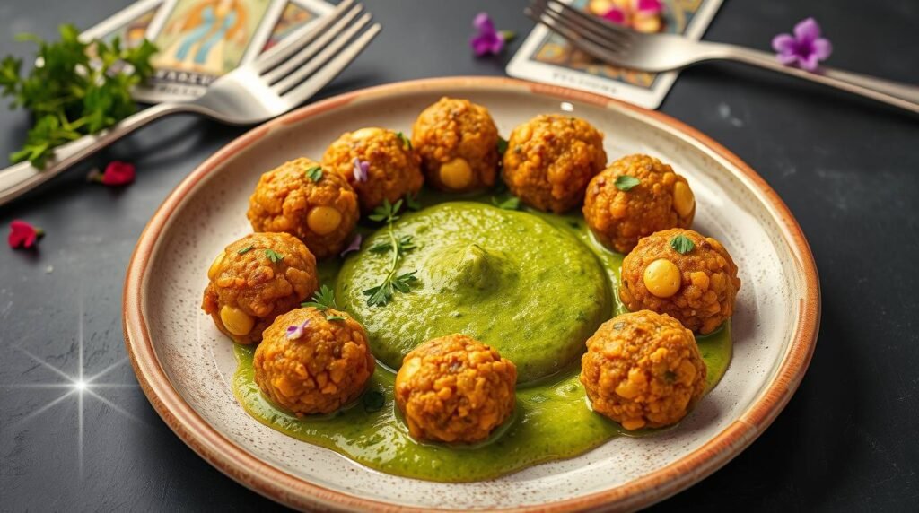 sacred kofta with golden lentils and green herb elixir sauce, surrounded by mystical kitchen elements sacred kofta with golden lentils and green herb elixir sauce, surrounded by mystical kitchen elements