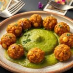 sacred kofta with golden lentils and green herb elixir sauce, surrounded by mystical kitchen elements sacred kofta with golden lentils and green herb elixir sauce, surrounded by mystical kitchen elements