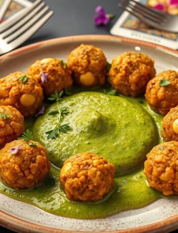 sacred kofta with golden lentils and green herb elixir sauce, surrounded by mystical kitchen elements sacred kofta with golden lentils and green herb elixir sauce, surrounded by mystical kitchen elements