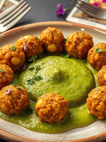 Sacred Kofta with golden lentils and green herb elixir sauce, surrounded by mystical kitchen elements
