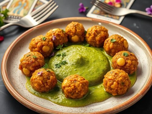 sacred kofta with golden lentils and green herb elixir sauce, surrounded by mystical kitchen elements sacred kofta with golden lentils and green herb elixir sauce, surrounded by mystical kitchen elements