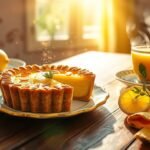 golden lemon tart with almond crust and turmeric latte on sunlit table for solar plexus chakra golden lemon tart with almond crust and turmeric latte on sunlit table for solar plexus chakra