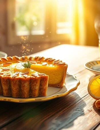 sol-aureus-lemon-tart-solar-plexus - Esoterris.com Golden lemon tart with almond crust and turmeric latte on sunlit table for solar plexus chakra