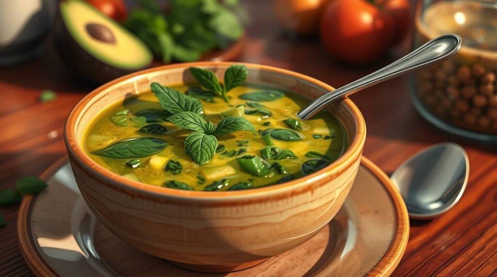 spinach-avocado-soup-with-mint-main-esoterris - Esoterris.com green spinach and avocado soup with mint served in a ceramic bowl with olive oil swirl and fresh herbs. green spinach and avocado soup with mint served in a ceramic bowl with olive oil swirl and fresh herbs.