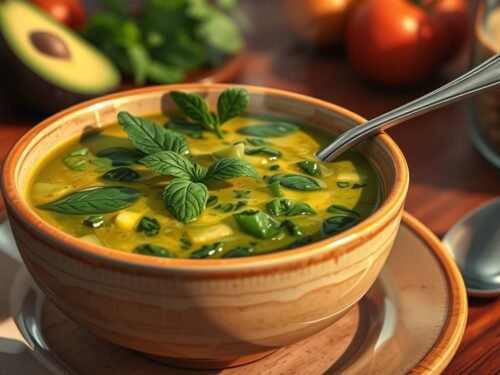 green spinach and avocado soup with mint served in a ceramic bowl with olive oil swirl and fresh herbs. green spinach and avocado soup with mint served in a ceramic bowl with olive oil swirl and fresh herbs.