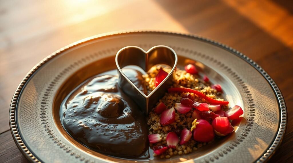 a dual-plated dish of mole negro and rose-pomegranate quinoa, styled like frida kahlo’s the two fridas painting a dual-plated dish of mole negro and rose-pomegranate quinoa, styled like frida kahlo’s the two fridas painting