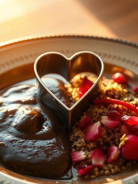 A dual-plated dish of Mole Negro and rose-pomegranate quinoa, styled like Frida Kahlo’s The Two Fridas painting