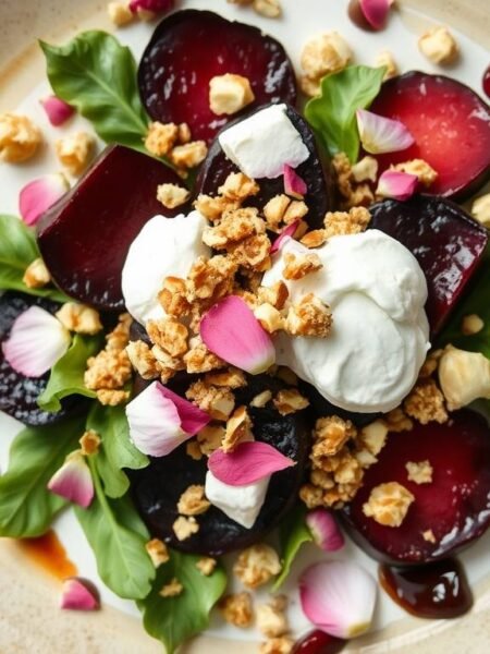 fancy beet and goat cheese salad with rose petals and honey pistachio crumble fancy beet and goat cheese salad with rose petals and honey pistachio crumble