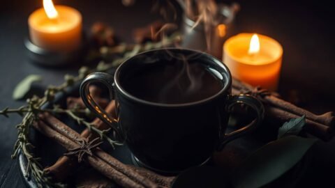 wormwood and damiana cacao elixir served in a black mug with candlelight on samhain night wormwood and damiana cacao elixir served in a black mug with candlelight on samhain night