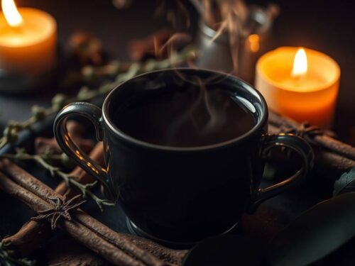 wormwood and damiana cacao elixir served in a black mug with candlelight on samhain night wormwood and damiana cacao elixir served in a black mug with candlelight on samhain night