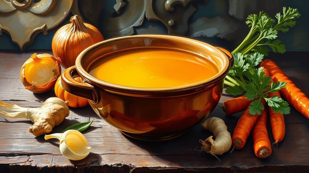 a dark, moody bowl of golden gut-healing broth surrounded by vegetable scraps and herbs a dark, moody bowl of golden gut-healing broth surrounded by vegetable scraps and herbs