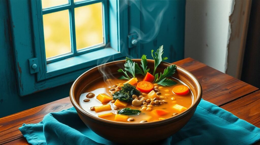 a steaming bowl of fusion miso minestrone with vegetables, lentils, and cannellini beans. a steaming bowl of fusion miso minestrone with vegetables, lentils, and cannellini beans.